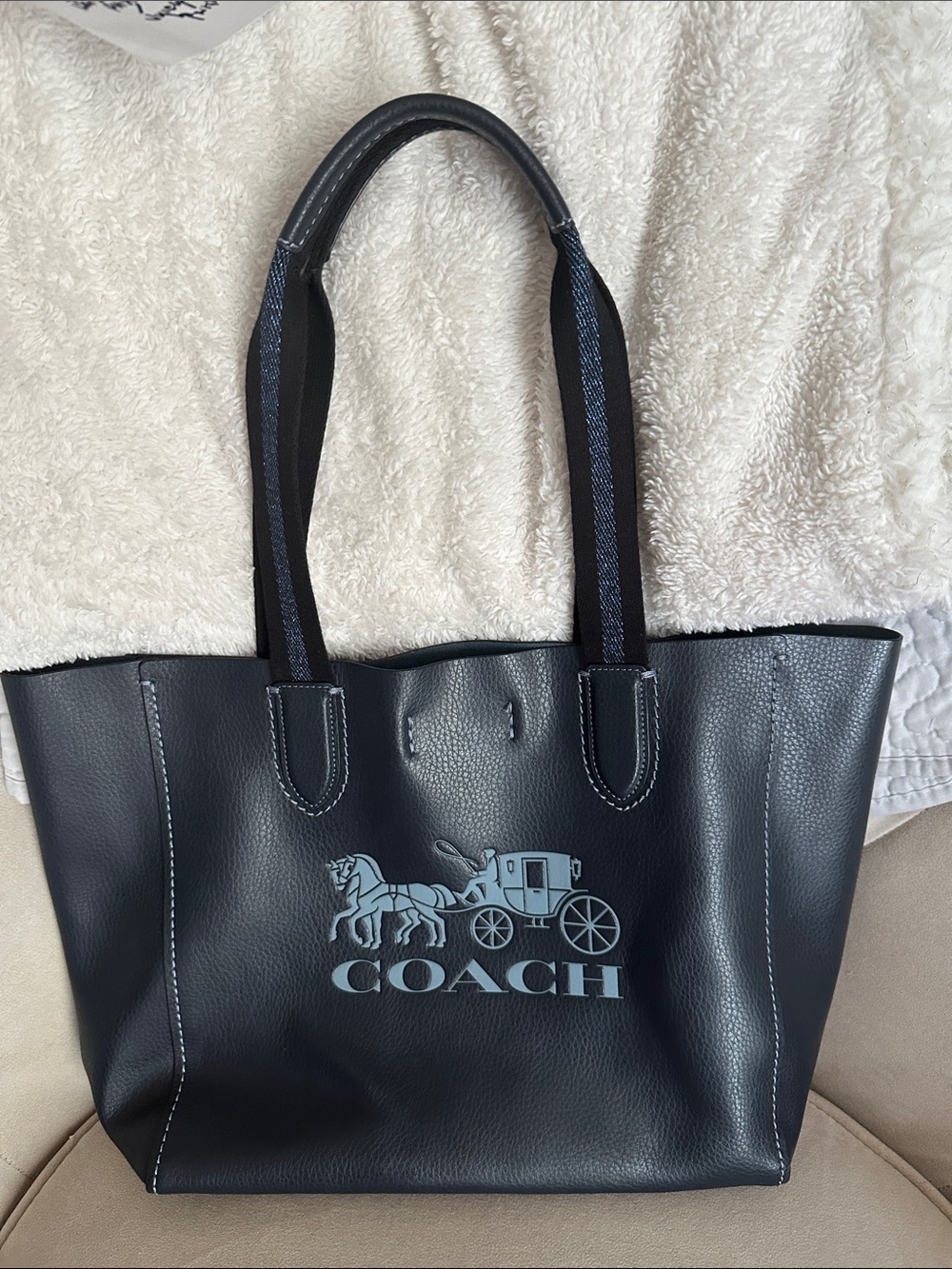 Coach Black Leather Tote with Light Blue Logo